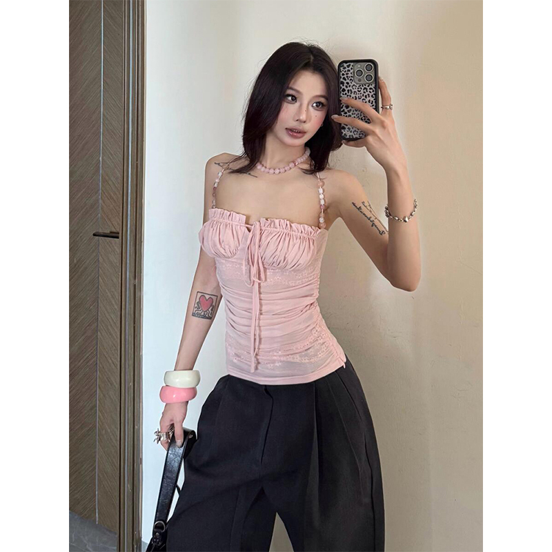 Light Pink Beaded Shoulder Strap Camisole for Women, Summer Lace Splicing Fitted Sexy Top, Y2K Style Outerwear