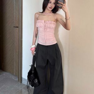 Light Pink Beaded Shoulder Strap Camisole for Women, Summer Lace Splicing Fitted Sexy Top, Y2K Style Outerwear