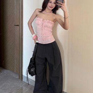 Light Pink Beaded Shoulder Strap Camisole for Women, Summer Lace Splicing Fitted Sexy Top, Y2K Style Outerwear