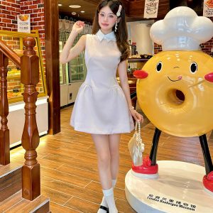 Light Pink Glossy Satin Sleeveless Shirt Dress with Waist-Cinching Design and Faux Two-Piece Skirt for Spring, Y2K Style