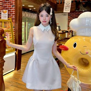 Light Pink Glossy Satin Sleeveless Shirt Dress with Waist-Cinching Design and Faux Two-Piece Skirt for Spring, Y2K Style