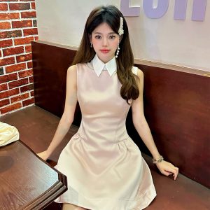 Light Pink Glossy Satin Sleeveless Shirt Dress with Waist-Cinching Design and Faux Two-Piece Skirt for Spring, Y2K Style