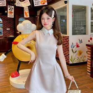 Light Pink Glossy Satin Sleeveless Shirt Dress with Waist-Cinching Design and Faux Two-Piece Skirt for Spring, Y2K Style