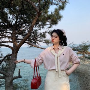 Light Pink Plus Size Stand Collar Shirt - Loose Fit, Heartfelt Love Design, High Intelligence Sense, Commuter Style, Trendy Fashion