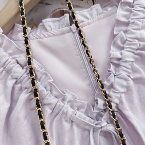 Light Purple Lace-Trimmed Puff Sleeve Mid-Length Dress - French Style Summer 2025 Women's Fashion, Elegant Little Dress