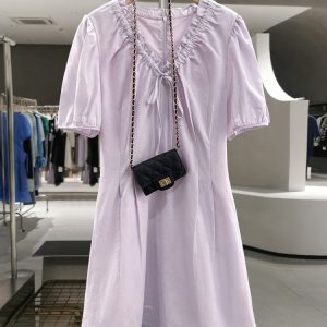 Light Purple Lace-Trimmed Puff Sleeve Mid-Length Dress - French Style Summer 2025 Women's Fashion, Elegant Little Dress
