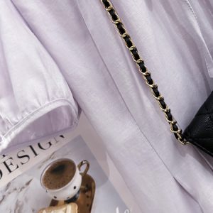 Light Purple Lace-Trimmed Puff Sleeve Mid-Length Dress - French Style Summer 2025 Women's Fashion, Elegant Little Dress