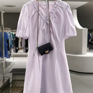 Light Purple Lace-Trimmed Puff Sleeve Mid-Length Dress - French Style Summer 2025 Women's Fashion, Elegant Little Dress