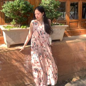Light Spring Mountains Retro Floral Maxi Dress for Women - Loose V-Neck Sleeveless Long Dress, Perfect for Summer 90s & Y2K Style