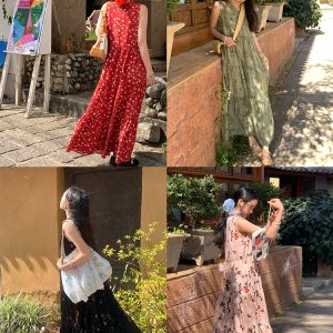 Light Spring Mountains Retro Floral Maxi Dress for Women - Loose V-Neck Sleeveless Long Dress, Perfect for Summer 90s & Y2K Style