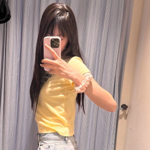 Light Yellow Korean Style Sports Top - Fitted Slim Pure Cotton, High Elastic, Trendy Women's Short Sleeve Design