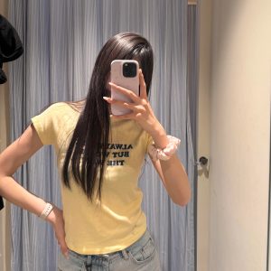 Light Yellow Korean Style Sports Top - Fitted Slim Pure Cotton, High Elastic, Trendy Women's Short Sleeve Design