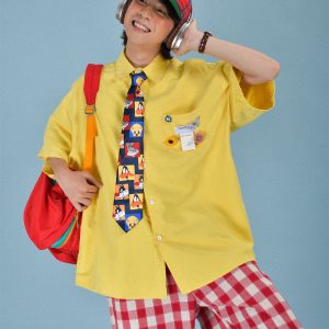 Light Yellow Short Sleeve Shirt for Women - Vintage Loose Fit Korean Style Summer Top - Popular Half Sleeve Design for Students