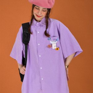 Light Yellow Short Sleeve Shirt for Women - Vintage Loose Fit Korean Style Summer Top - Popular Half Sleeve Design for Students