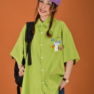 Light Yellow Short Sleeve Shirt for Women - Vintage Loose Fit Korean Style Summer Top - Popular Half Sleeve Design for Students