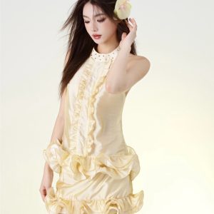 Light Yellow Summer Lace Halter Set with Rhinestones and Romantic Collar - Silk Thread Wave Design