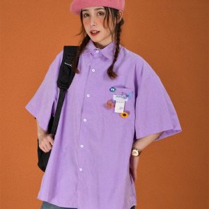 Light Yellow Vintage Short Sleeve Shirt for Women - Summer Loose Korean Style Top, Popular Half Sleeve Fashion for Students