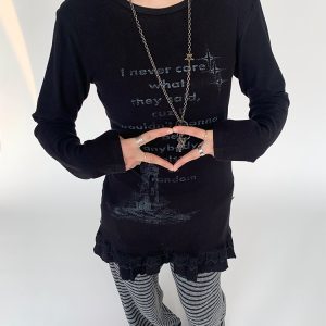 Lighthouse Print Lace Trim Long Sleeve T-Shirt Dress with Layered Inner Top for Women - Slim Fit, Casual Style