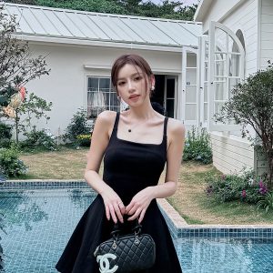 Lightweight A-Line Short Skirt for Tall Women, High Waist, Square Neck, Slimming, Stretchy Little Black Dress for Spring & Summer