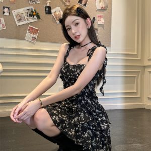 Lightweight Adjustable Black Floral Camisole Dress for Women - French Style, Waist-Cinching, Summer Tea Break Fashion