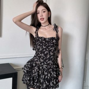 Lightweight Adjustable Black Floral Camisole Dress for Women - French Style, Waist-Cinching, Summer Tea Break Fashion