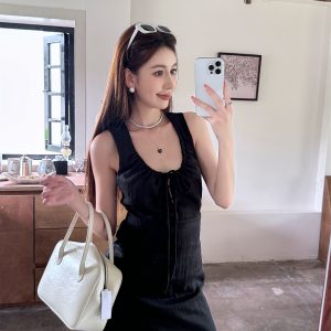 Lightweight Adjustable U-Neck Hollow Black Tank Dress, Slimming Tencel Summer Dress with French Short Skirt Style