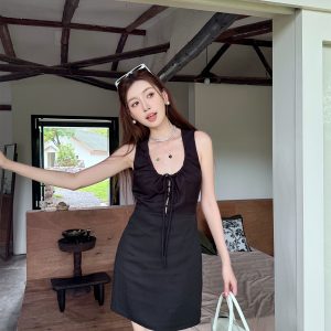 Lightweight Adjustable U-Neck Hollow Sexy Tank Dress - Slimming Tencel Summer Dress with French Short Skirt in White