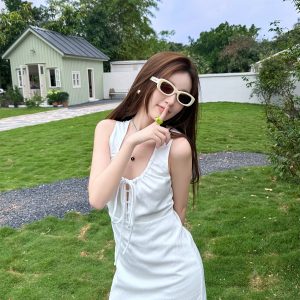 Lightweight Adjustable U-Neck Hollow Sexy Tank Dress - Slimming Tencel Summer Dress with French Short Skirt in White