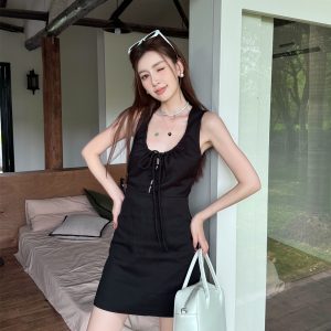 Lightweight Adjustable U-Neck Hollow Sexy Tank Dress - Slimming Tencel Summer Dress with French Short Skirt in White