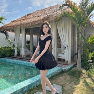 Lightweight Black Ruffled High-Waisted Swing Dress - Summer Elastic Slimming Princess Style