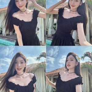Lightweight Black Ruffled High-Waisted Swing Dress - Summer Elastic Slimming Princess Style