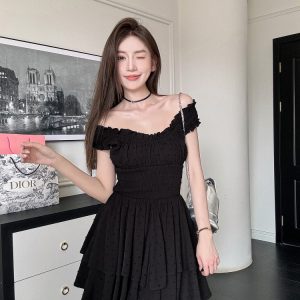 Lightweight Black Ruffled High-Waisted Swing Dress - Summer Elastic Slimming Princess Style