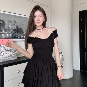 Lightweight Black Ruffled High-Waisted Swing Dress - Summer Elastic Slimming Princess Style