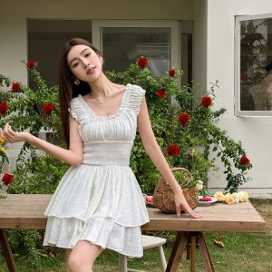 Lightweight Black Ruffled High-Waisted Swing Dress - Summer Elastic Slimming Princess Style