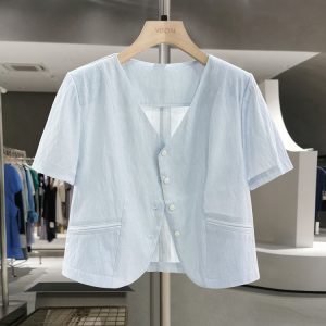 Lightweight Blue Korean-Style Short Jacket for Women - Elegant Summer 2025 Thin Top for a Youthful Look