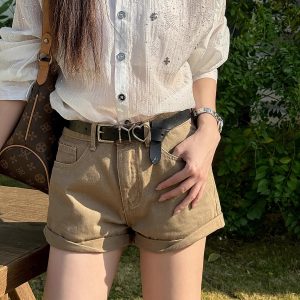 Lightweight Casual Rolled Hem Denim Shorts for Women - Summer Mid-Rise Straight Leg American Style