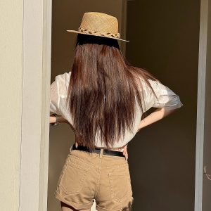 Lightweight Casual Rolled Hem Denim Shorts for Women - Summer Mid-Rise Straight Leg American Style