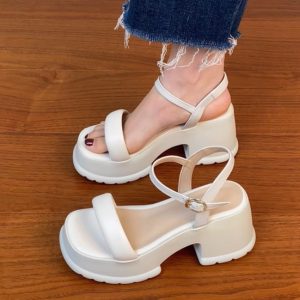 Lightweight Chunky-Heeled One-Strap Open-Toe Sandals for Women - Summer Waterproof Platform High Heels in First-Layer Cowhide