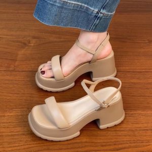 Lightweight Chunky-Heeled One-Strap Open-Toe Sandals for Women - Summer Waterproof Platform High Heels in First-Layer Cowhide