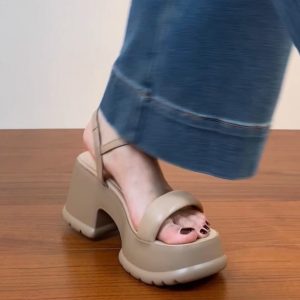 Lightweight Chunky-Heeled One-Strap Open-Toe Sandals for Women - Summer Waterproof Platform High Heels in First-Layer Cowhide