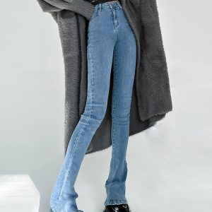 Lightweight Fleece Mid-Rise Slim Fit Flared Jeans for Women - Perfect for Spring and Autumn, Casual Chic Style