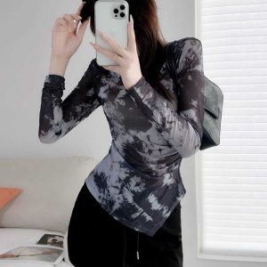 Lightweight Gradient Mesh Top with Long Sleeves, Draped Neckline, Loose Fit, Pullover Style, Elastic Irregular Pleats for a Chic Look