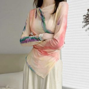 Lightweight Gradient Mesh Top with Long Sleeves, Draped Neckline, Loose Fit, Pullover Style, Elastic Irregular Pleats for a Chic Look