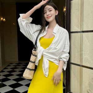 Lightweight High-Quality Knitted Slim Fit Square Collar Ice Feel Vacation Tank Dress for Spring and Summer