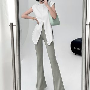 Lightweight High-Waisted Bell-Bottom Pants for Spring & Summer, Stretchy Slim-Fit Draped Wide-Leg Trousers