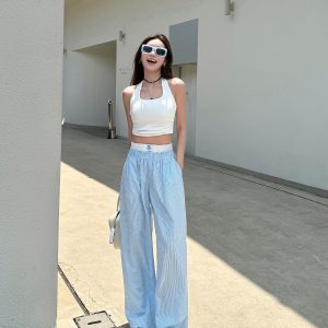 Lightweight High-Waisted Casual Wide-Leg Pants - Summer Striped Blue and White Loose Straight-Leg Trousers for Effortless Style