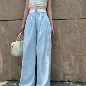 Lightweight High-Waisted Casual Wide-Leg Pants - Summer Striped Blue and White Loose Straight-Leg Trousers for Effortless Style