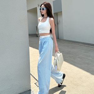 Lightweight High-Waisted Casual Wide-Leg Pants - Summer Striped Blue and White Loose Straight-Leg Trousers for Effortless Style
