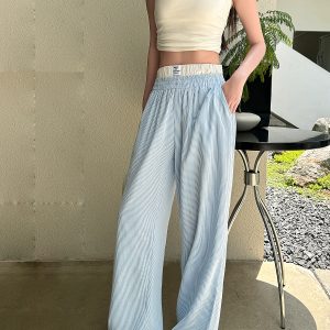 Lightweight High-Waisted Casual Wide-Leg Pants - Summer Striped Blue and White Loose Straight-Leg Trousers for Effortless Style