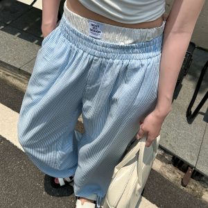 Lightweight High-Waisted Casual Wide-Leg Pants - Summer Striped Blue and White Loose Straight-Leg Trousers for Effortless Style